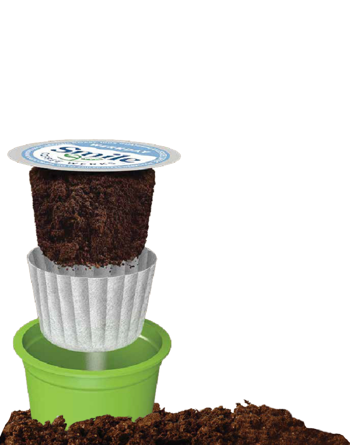 the elements of a Joe's Garage custom k cup separated with a pile of coffee beans on the bottom