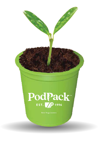 a green PodPack cup with a plant growing out of it